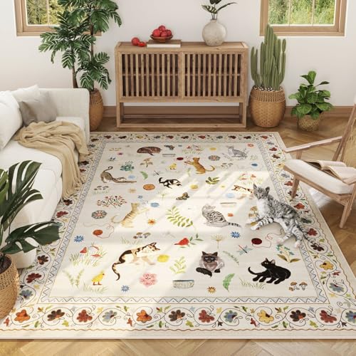 Rugcomf Area Rug 6x9 for Living Room Washable Floral Animal Cat, Beige - color: Beige/Cat, size: 6' x 9' (Rectangular)