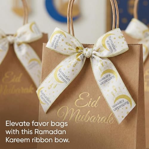 Threetols 2 Rolls 10 Yards Ramadan Mubarak Wired Edge Ribbons, 2.5inch White Gold Moon Burlap Ribbon, Lantern Mesh Ribbon for Eid Islamic Muslim Mosque DIY Craft Wreath Bow Wedding Party Decor