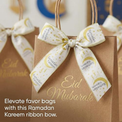 Threetols 2 Rolls 10 Yards Ramadan Mubarak Wired Edge Ribbons, 2.5inch White Gold Moon Burlap Ribbon, Lantern Mesh Ribbon for Eid Islamic Muslim Mosque DIY Craft Wreath Bow Wedding Party Decor