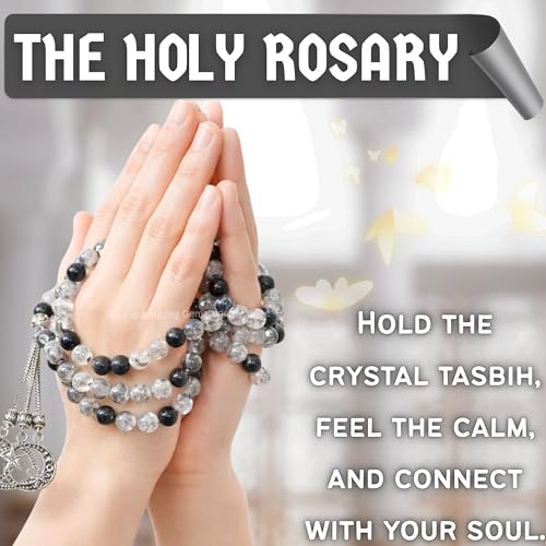 Amazing Gemstone Black Rutilated Quartz Tasbeeh with Moon and Star Charm - Certified Crystal Muslim Prayer Beads Natural Gemstone Tasbih Gift for Ramadan Dhikr and Daily Namaz (S) - color: Black Rutilated Quartz