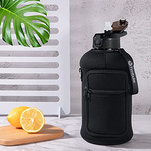 Fimibuke Half Gallon Water Bottle with Sleeve 64 OZ Water Bottle with Handle & Straw Leakproof Motivational Sports Gym Water Bottle with Time Marker BPA Free Water Jug with Reusable Neoprene Holder - color: A3.Black