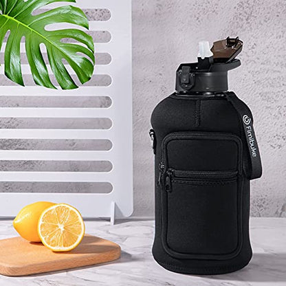 Fimibuke Half Gallon Water Bottle with Sleeve 64 OZ Water Bottle with Handle & Straw Leakproof Motivational Sports Gym Water Bottle with Time Marker BPA Free Water Jug with Reusable Neoprene Holder - color: A3.Black