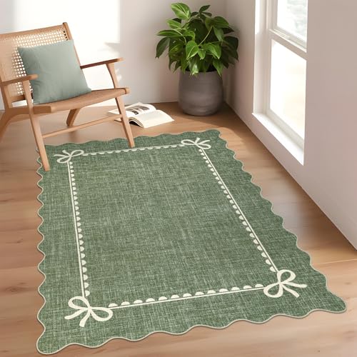 GarveeHome Scalloped Bow Rug 4x6 Washable Green Rug for Bedroom Living Room - color: Green, size: 4' x 6' (Rectangular)