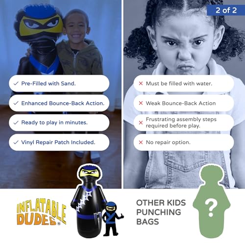 INFLATABLE DUDES Black Ninja Toy 47” - Kids Punching Bag | Sand-Base | Bop Bag, Pre-filled with Sand, Inflatable Toy, Punching Bag for Kids, Enhanced Bounce-Back Action, Indoor/Outdoor - color: Black/Blue Standard Ninja | Pre-filled with Sand