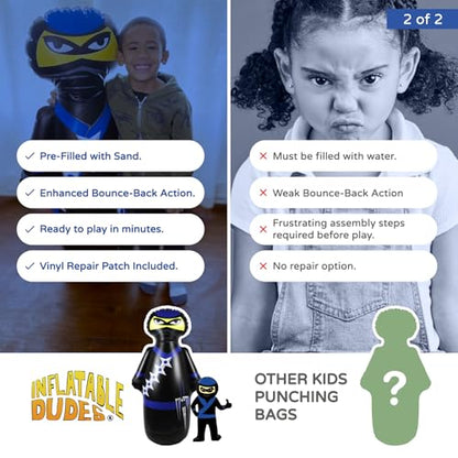 INFLATABLE DUDES Black Ninja Toy 47” - Kids Punching Bag | Sand-Base | Bop Bag, Pre-filled with Sand, Inflatable Toy, Punching Bag for Kids, Enhanced Bounce-Back Action, Indoor/Outdoor - color: Black/Blue Standard Ninja | Pre-filled with Sand
