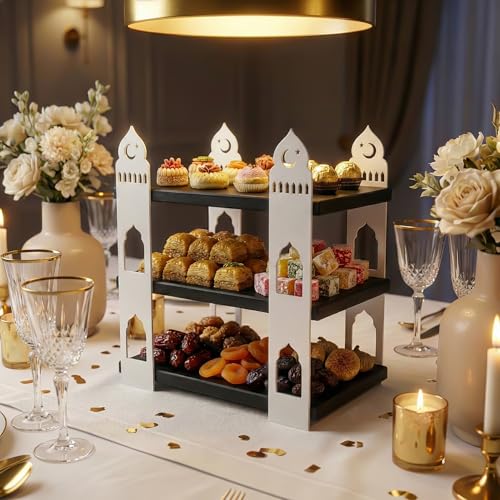 Iwa Concept Modern Metal & Wood Ramadan 3-Tier Serving Tray - Mosque Silhouette Eid Mubarak Table Centerpiece - Islamic Dessert Tower for Dates, Sweets & Pastries - Luxury Holiday Home Decor & Gift - color: White Black