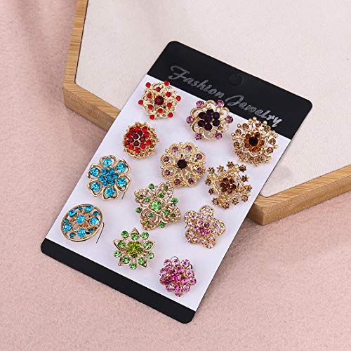 Lot 12pc Small Size Rhinestone Crystal Flower Brooches Pins Set DIY Wedding bridal Bouquet Women Broaches - color: Multicolor