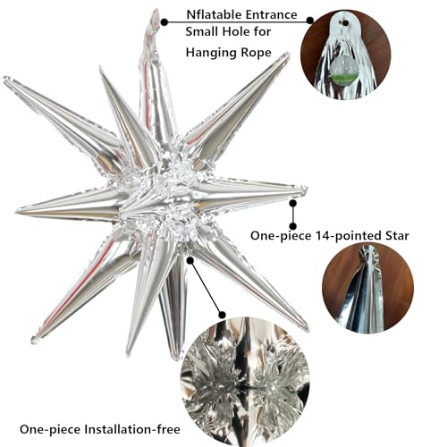 6 Pcs Silver Star Foil Balloons One-Piece 14-Pointed Star Balloon 4D Cone Mylar 22inch Christmas Birthday Wedding Fireworks Shape Party Supplies (Silver) - color: Silver