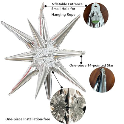 6 Pcs Silver Star Foil Balloons One-Piece 14-Pointed Star Balloon 4D Cone Mylar 22inch Christmas Birthday Wedding Fireworks Shape Party Supplies (Silver) - color: Silver