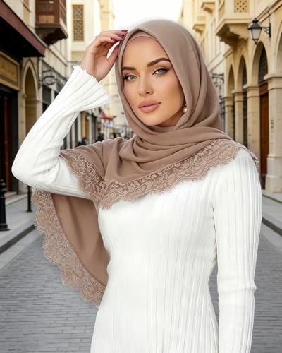 JUMISEE Elegant Floral Lace Hijab Scarf for Women Soft Cotton Head Wrap Instant Hijab Long Scarves Evening Dress Shawl - color: Khaki