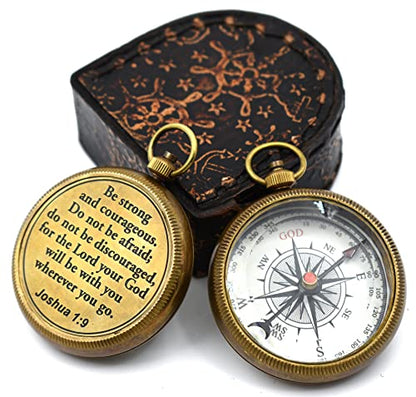 Be Strong and Courageous (Joshua 1:9) Brass Compass with wooden Box-Engraved Scripture Prayer Compass Religious Gift for Men & Women - Baptism, Confirmation, Communion Compass for Boys Graduation Gift - style: #3 Be Strong and Courageous Compass (Joshua 1