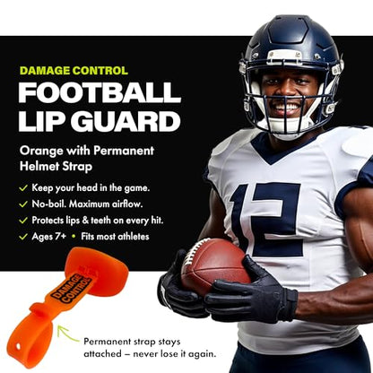 DAMAGE CONTROL Pacifier Football Mouth Guard – Permanent Strap – Orange | Youth Football Mouthpiece, No Boiling, Breathable Design, Protects Lips & Teeth, Works with Braces - color: Orange