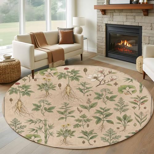 Vintage Botanical 5 Ft Round Area Rugs for Bedroom,Washable Dining Room Rugs Carpet with Rug Tape,Country Herbs Leaves Plants Flowers Brown Accent Low Pile Floor Carpet for Classroom Foyer Home Office - size: 5' (Round)