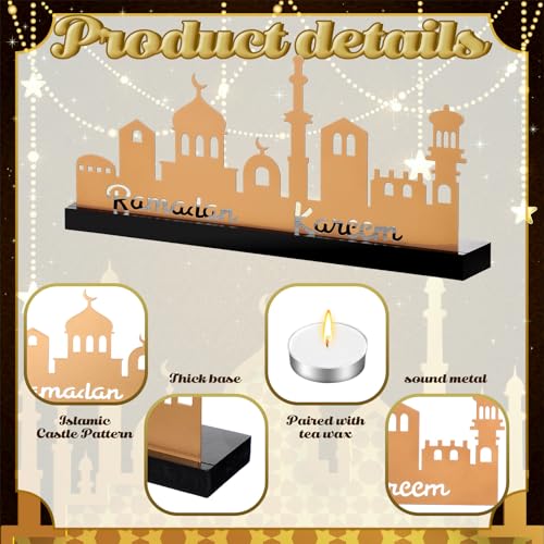 MorningRo Ramadan Kareem Decorations Islamic Candle Holder with 5 Tea Candles Eid Mubarak Metal Sign with Wood Base Ramadan Kareem Table Centerpieces Eid Al Fitr Muslim Party Gifts - style: Elegant