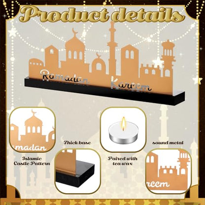 MorningRo Ramadan Kareem Decorations Islamic Candle Holder with 5 Tea Candles Eid Mubarak Metal Sign with Wood Base Ramadan Kareem Table Centerpieces Eid Al Fitr Muslim Party Gifts - style: Elegant
