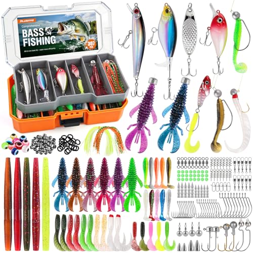 PLUSINNO Bass Fishing Lures Tackle Box Gear Kit with Tackle Included | Waterproof, Compact & Customizable, Bass Trout Fishing Gear Kit, Freshwater Topwater, 16 Rigs, Fishing Gifts for Men Starter - color: Orange 307 PCS Bass Box