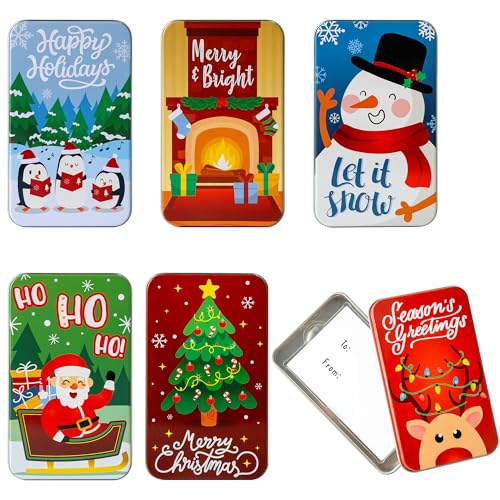JOYIN 6PCS Gift Card Holder Boxes Christmas, 4.33” x 2.6” x 0.6” Tins Money Cash Holders Unique for Xmas Holiday Birthday Present Decor, Party Favors Silver Coin Boxes with Lids in 6 Designs