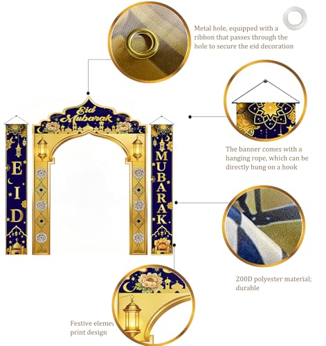 3 IN 1 Eid Mubarak Banner Decorations, Islamic Mosque Archway Backdrop with Eid Mubarak Hanging Banners, Ramadan Eid Decor for Home Door Wall Indoor Outdoor