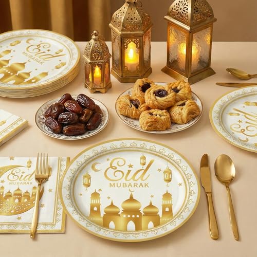 Dereinwo 50 Pcs Ramadan Eid Mubarak Large 12" x 10" Oval Paper Plates and Napkins Disposable Heavy Duty Paper Plates and Napkins for Ramadan Eid Mubarak Party Supplies - style: Eid Mubarak