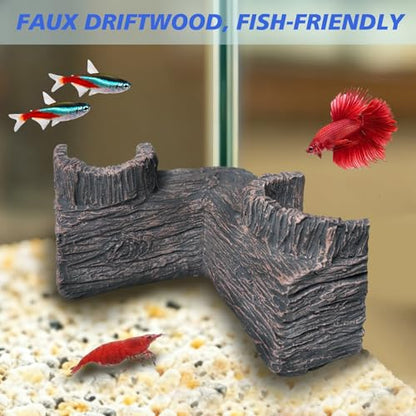 Fish Tank Decorations, 5.1" x 2" x 2.7" Resin Tree Bark Dual-Hole Aquarium Cave, Perfect Hiding Spot for Guppies, Neon Tetra, Cherry Shrimp