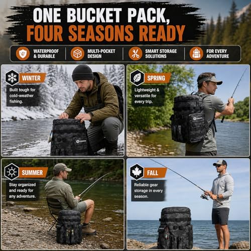 Fishing Bucket Organizer for 5 Gallon Bucket, Fishing Tackle Bag | With Backpack Straps, Detachable Lid & Multi-Pockets for Storage, Full Water-Resistant (Bucket, Seat & Tools Not Included) - style: Basic (Bucket, Seat & Tools Not Included)