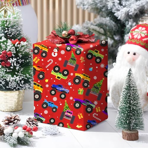 Cuitpan Red Monster Truck Christmas Wrapping Paper - Xmas Gift Wrap with Holiday Trees, Snowmen & Gingerbread Men Design - Ideal for Kids & Adults Gift Wrapping - 40×28 Inches, 4 Folded Sheets - color: Red-Monster Truck Christmas