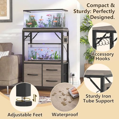 Heybly 5-10 Gallon Fish Tank Stand, Aquarium Stand with Drawer, Power Outlet, Heavy Duty Metal Frame, for Fish Tank, Turtle & Reptile Terrarium, 20.5" × 10.2" Top, 200lbs, Rustic Gray HAS002SSG-1 - color: Greige, size: 5-10 gal