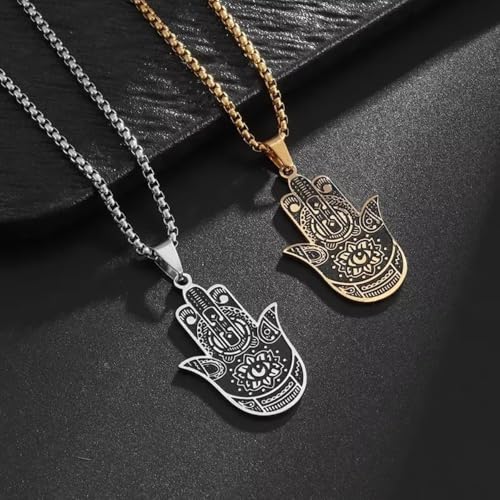 Classic Stainless Steel Devil's Eye Hand of Fatima Pendant Necklace for Men and Women Fashion Exorcism Amulet Jewelry Gift - color: silvery