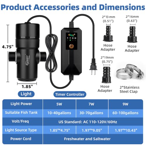 hygger Aquarium U-V Light, 5W U-V-C Lamp with Timer for 10-40 Gallon Tanks | Compact U-V light with Timer, 360° ABS Protective Shield, Freshwater or Saltwater Aquariums, Clear Water Support - size: 1.85 * 4.75 inches