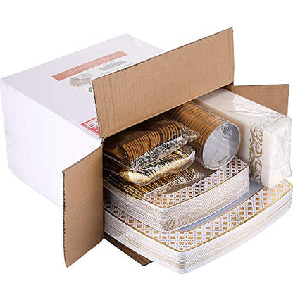 FOCUSLINE 175 Ct Gold Dinnerware Set for 25 Guests - Square Plastic Plates with Diamond Rim, Including 25 Disposable Dinner & Dessert Plates, Napkins, Cups, Cutlery - color: Gold Diamond Rim Plates