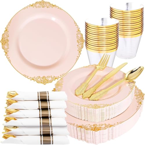 Nervure 175Pcs Pink Plastic Plates, Disposable Party Plates for 25 Guests - color: Pink, size: 175Pcs(25Guests)