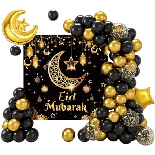 1set Eid Mubarak Decorations for Home, Gold Balloons Arch Garland Kit with Moon Star Balloons Eid Mubarak Backdrop Banner for Ramadan Islamic Party Decoration - color: Black