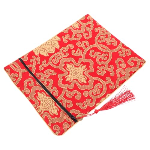 Buddhist Scripture Storage Bag Embroidered Silk Book Wrap Case Portable Organizer for Use Red - color: Red