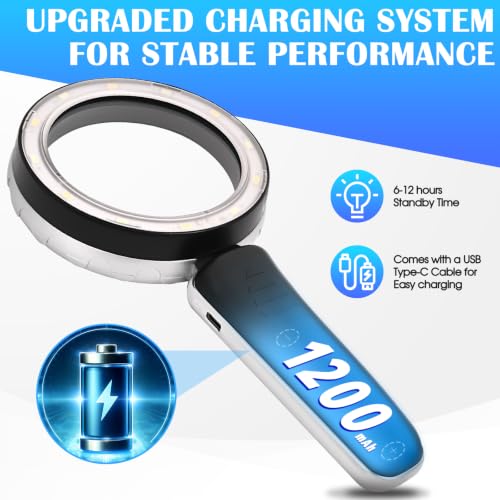 45X Magnifying Glass with Light, 4.6-Inch 1200mAh USB Rechargeable, 6 Color Modes for Low Vision Seniors, Reading, Jewelry & Coin Appraisal - Black Silver - color: Black-silver