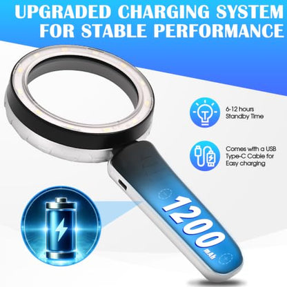 45X Magnifying Glass with Light, 4.6-Inch 1200mAh USB Rechargeable, 6 Color Modes for Low Vision Seniors, Reading, Jewelry & Coin Appraisal - Black Silver - color: Black-silver
