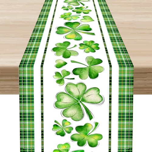 Shamrock Table Runner, Watercolor Green Buffalo Plaid White Shamrock Watercolor Spring Table Decoration for Home Kitchen Dining Patio Holiday Party Indoor Outdoor Decorations 13x36 inch - color: Clover-2, size: 13x36" Table Runner