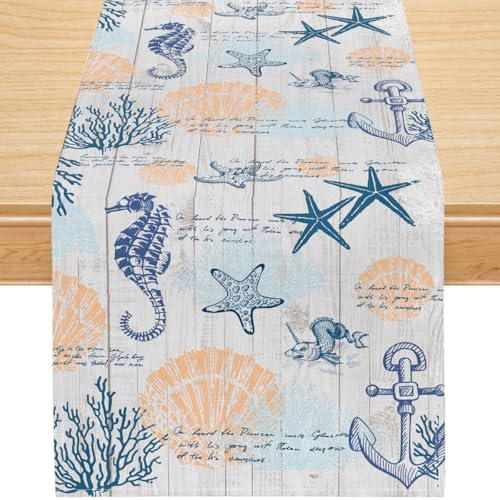 Nautical Coastal Table Runner with Seahorse Starfish Shell Anchor Design, Waterproof Linen Table Runner for Beach House Dining Table, Summer Ocean Decor, 13x36 Inch - color: Blue Coral Nautical, size: 13x36inch