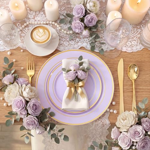 WDF Partyware 175PCS Purple Plates Disposable - Lavender Plastic Plates 25Guests Plastic Dinnerware with Rolled Napkins for Birthday/Spring/Baby Shower/Birthday - color: Purple, size: 175PCS
