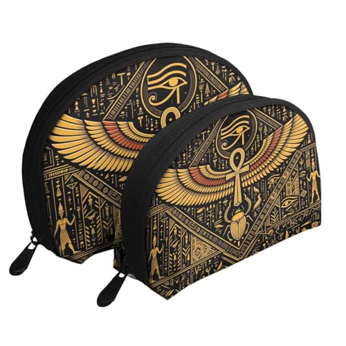 Egyptian Symbols Golden Hieroglyphic 2-Piece Shell Makeup Bag Set, Large Capacity Travel Cosmetic Bag For Women With Zipper, Waterproof Polyester Toiletry Organizer Pouch For Purse, Travel - color: Egyptian Symbols Golden Hieroglyphic