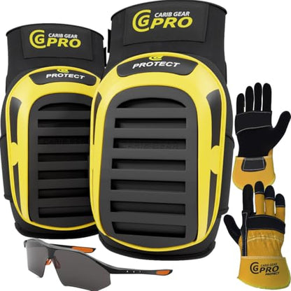 CARIB GEAR PRO USA Work Knee Pads for Men and Women Heavy Duty Double Gel Construction Knee Pads with Anti Slip Straps for Flooring Tiling Gardening Includes Leather Gloves and Safety Glasses