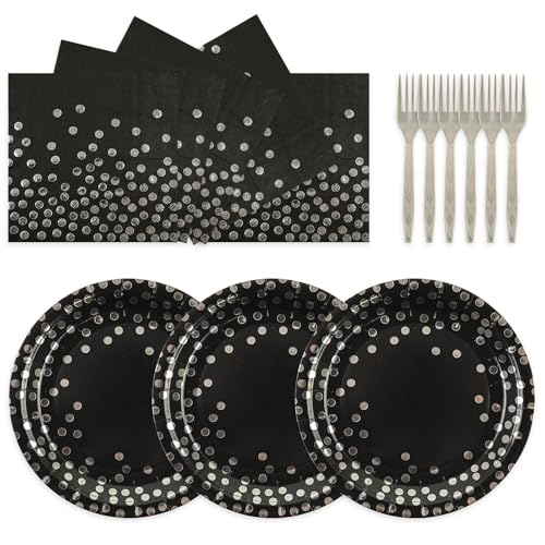 75PCS Paper Plates and Napkins Set - Black and Sliver Dot Disposable Party Dinnerware Includes Paper Plates, Napkins, Forks Decorations for Graduations, Birthdays and Weddings, Serves 25 - color: Black Sliver Dot, size: 7inch-75pcs