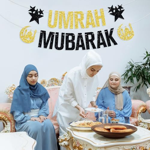 Umrah Mubarak Banner-Eid Mubarak Festival Party Hanging Decorations, Ramadan Kareem/Happy Eid, Hajj Mubarak Umrah Mubarak Islamic Party Supplies Gold and Black Glitter