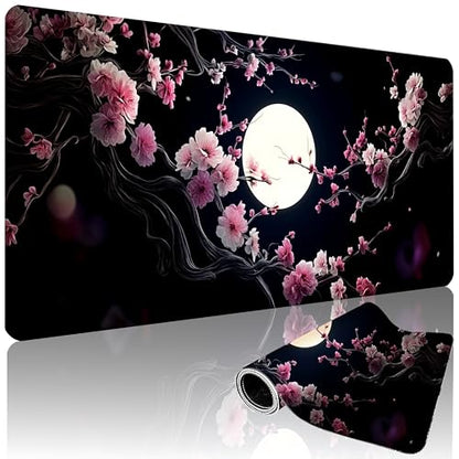 XXL Gaming Mouse Pad 35.4x15.7 Inch, Large Extended Desk Mat | Cherry Blossom Design, Non-Slip Rubber Base, Water-Resistant Surface and Stitched Edges for Gaming, Office & Home - color: Cherry Blossom Moon