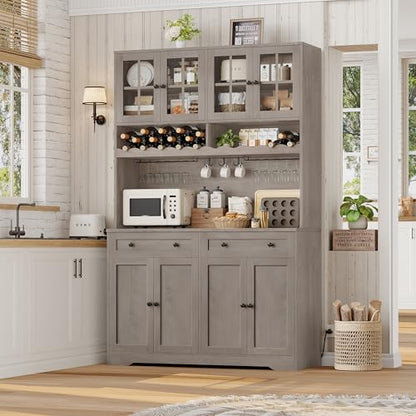 HOSTACK Kitchen Pantry Storage Cabinet, Coffee Bar Hutch Cabinet, Ash Gray | 75.4" Tall Pantry Cabinet with Charging Station / Countertop / Glass Doors / Wine Rack / Cup Holder / Drawers, Dining Room - color: Ash Gray