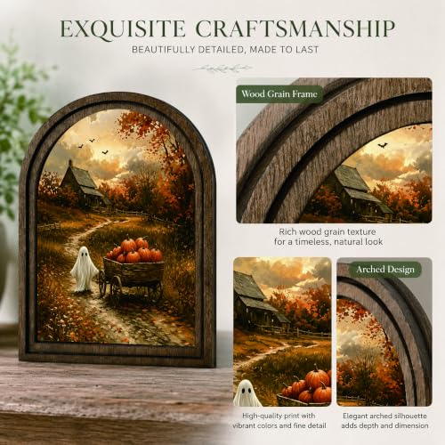 Halloween Ghost Pumpkin Cart Arched Table Sign, Rustic Fall Decor - color: Ghost Pumpkin Cart