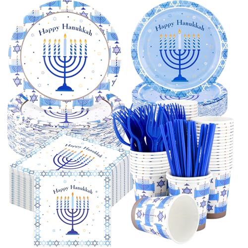 Sliner 400 Pcs Hanukkah Supplies, Plates Cups Napkins Straws Cutlery