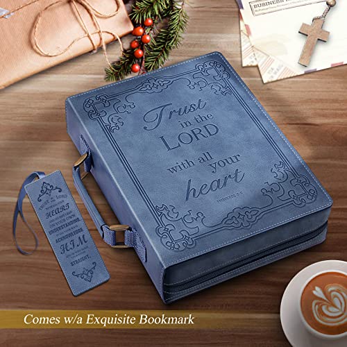 FINPAC Large Classic Bible Cover Vegan Leather Carrying Book Case Church Bag Bible Protective with Handle, Gift for Men, Women, Father, Mother, Friends, Blue - color: Blue