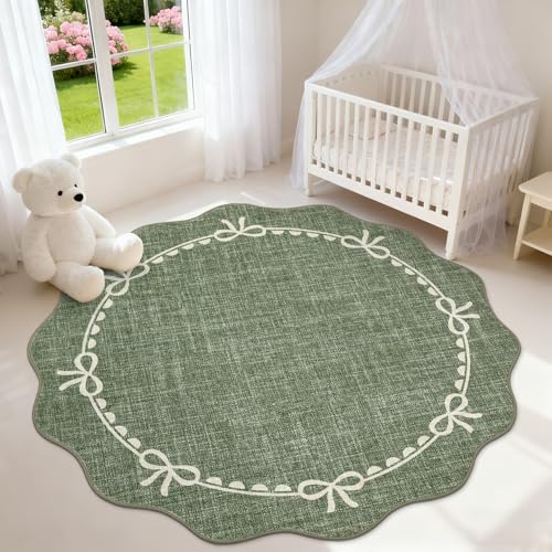 GarveeHome 5ft Round Rugs Washable Scalloped Bow Rug for Bedroom, Green - color: Green, size: 5' (Round)