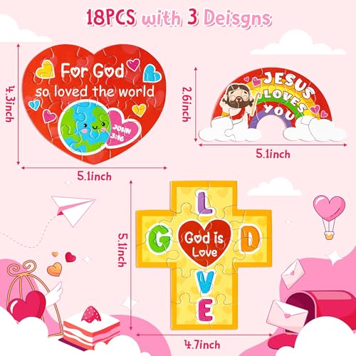 Haooryx Valentine's DIY Jigsaw Puzzle - 18 Pcs Jesus Loves You Colorful Cross Rainbow Heart Valentine’s Day Religious Paper Puzzle Exchange Gift Sunday School Educational Church Classroom Activity - style: Valentine’s Day DIY