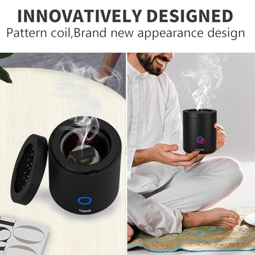 Portable Incense Burner, Mini USB Type-C Charging Car Aromatherapy Diffuser, 7.8 * 7.8 * 9.6cm Charcoal Igniter, Burning Time 120 Seconds Best Arabian Gift (Black)